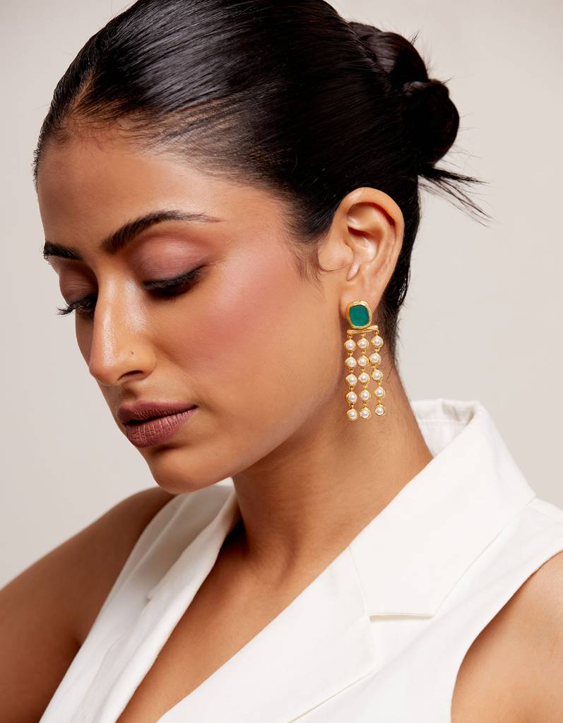 22Kt Gold Plated Green Chalcedony and Pearl String Chandelier Earring
