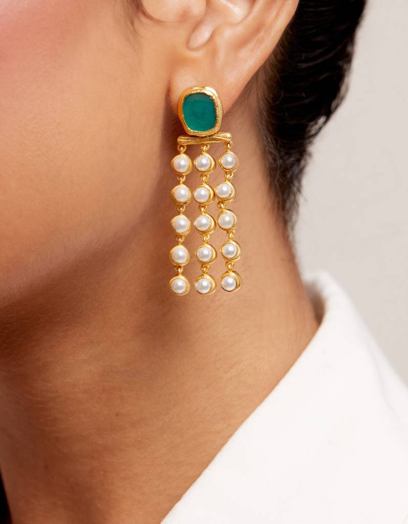22Kt Gold Plated Green Chalcedony and Pearl String Chandelier Earring