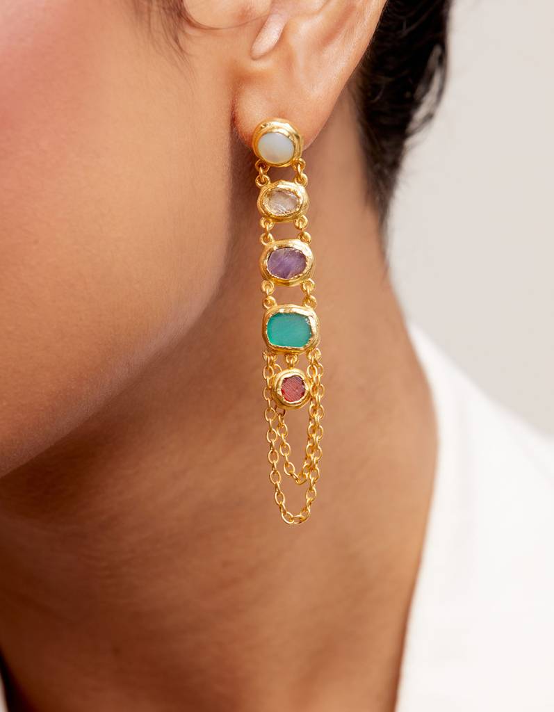 22kt Gold Plated Multicolored Rough Stone Layered Earrings
