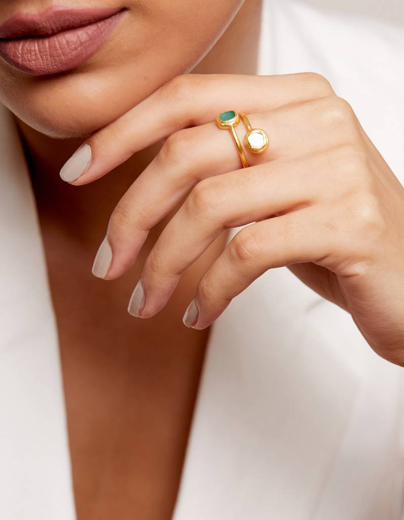 22Kt Gold Plated Green Chalcedony and Pearl Studded Adjustable Ring