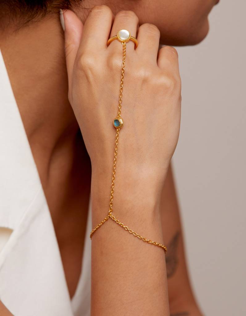 22Kt Gold Plated  Pearl and Blue Topaz Studded Handchain Ring