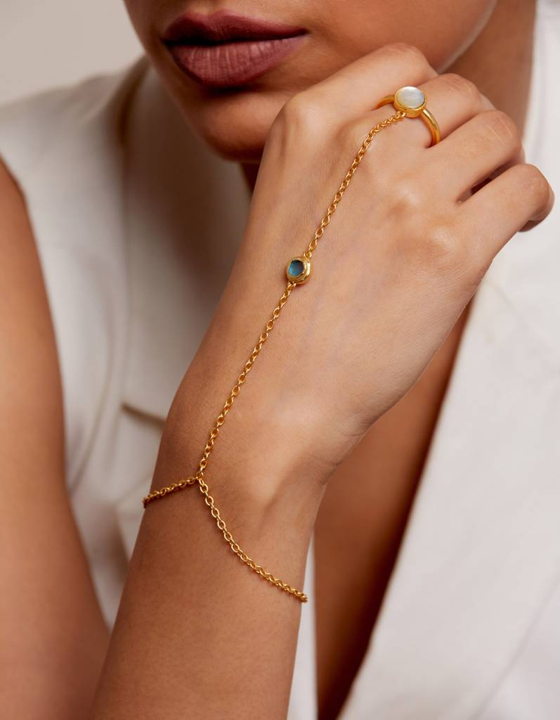 22Kt Gold Plated  Pearl and Blue Topaz Studded Handchain Ring