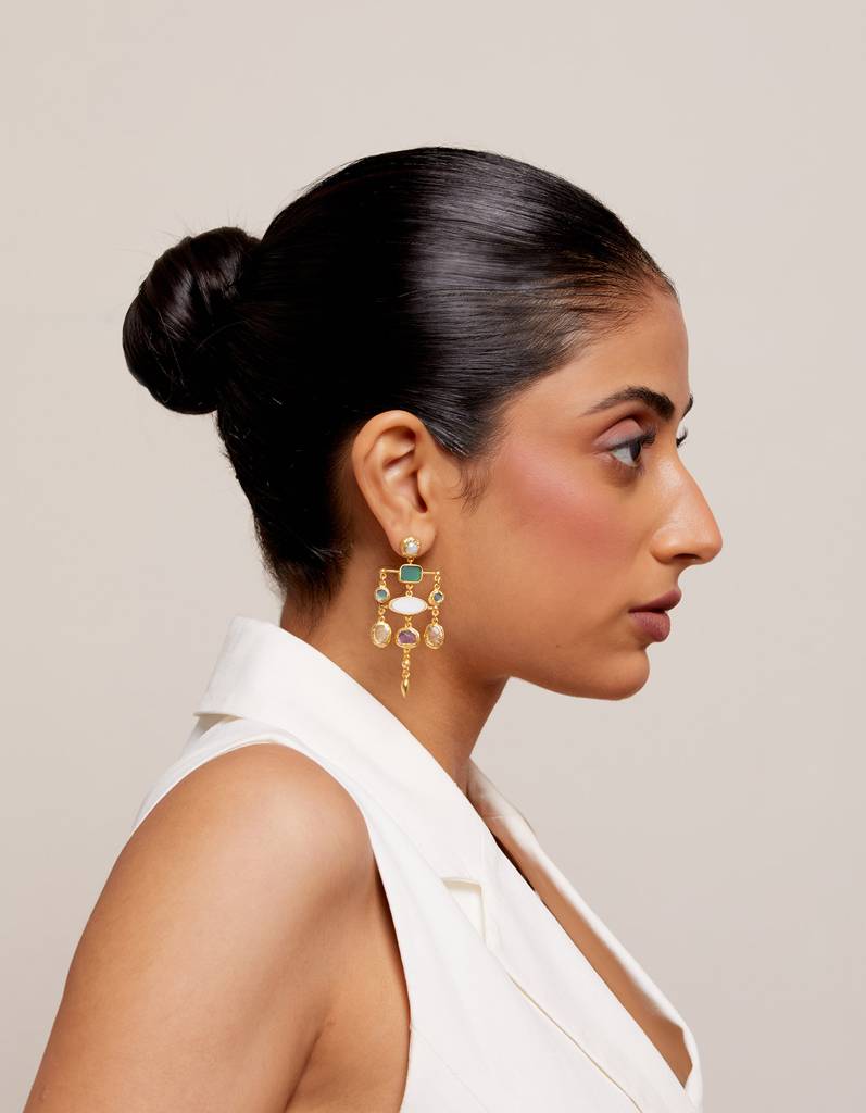 22kt Gold Plated Multicolored Rough Stone Chandelier Earrings