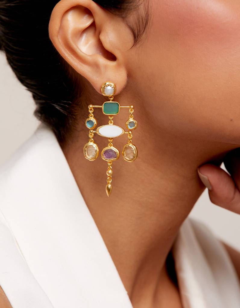 22kt Gold Plated Multicolored Rough Stone Chandelier Earrings