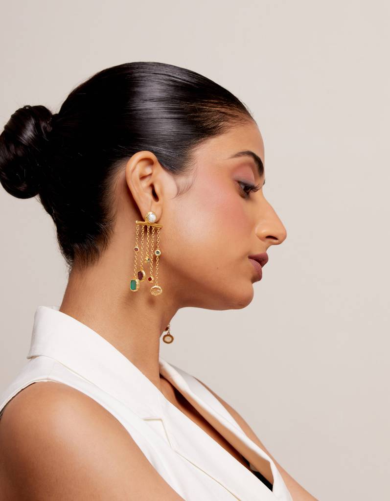 22kt Gold Plated Multicolored Rough Stone Dangler Earrings