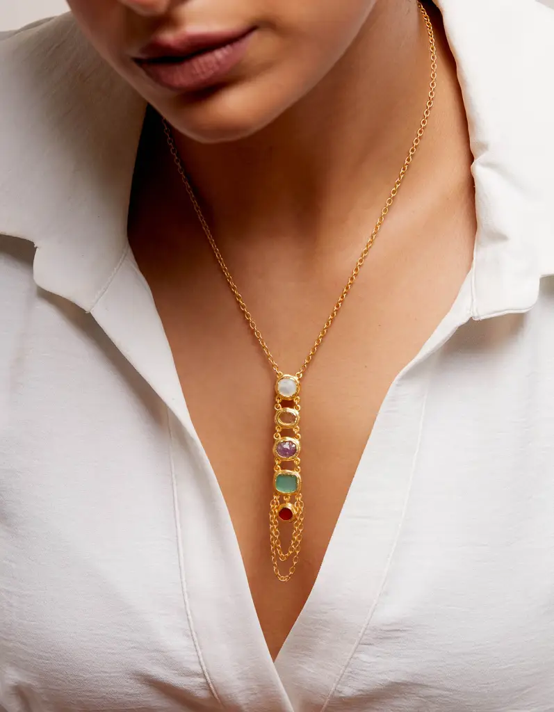 22kt Gold Plated Multicolored Rough Stone Layered Necklace