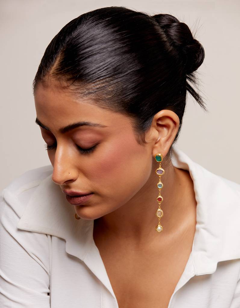 22kt Gold Plated Multicolored Rough Stone Thread Earrings