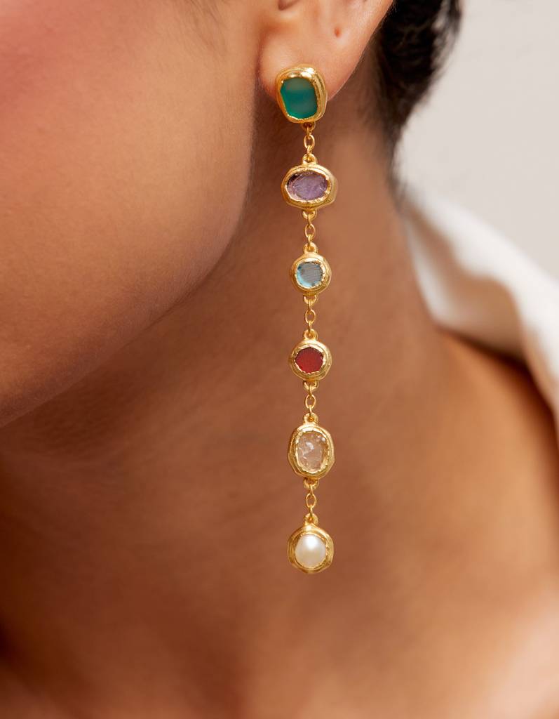 22kt Gold Plated Multicolored Rough Stone Thread Earrings