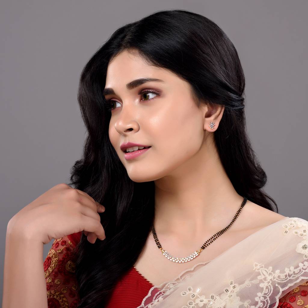 Gold Plated Ad Studded Elegant Mangalsutra Pendant With Earrings Set : SJMS1300