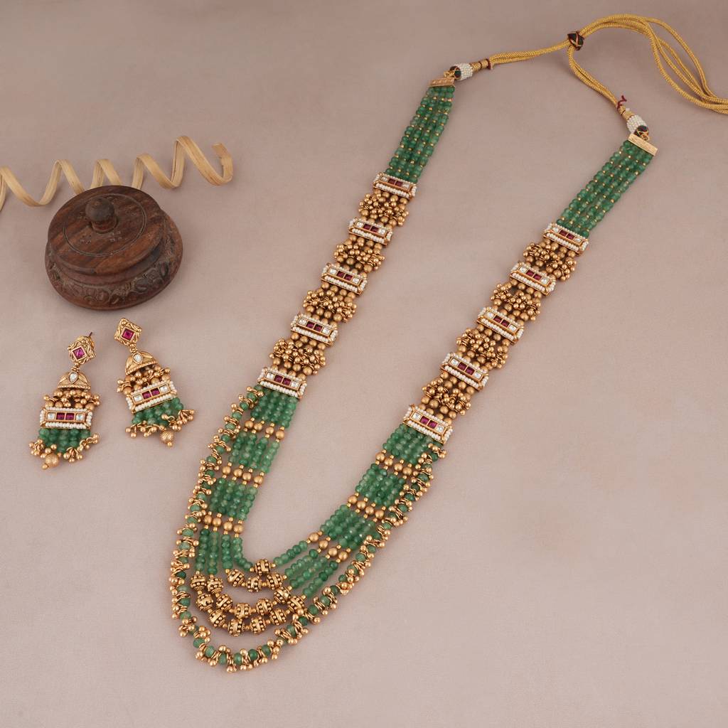Long Antique Gold Stunning Ruby Necklace Set With Beautiful Earring : SJ061