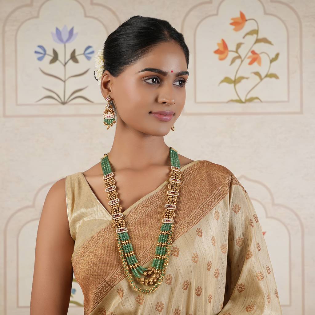 Long Antique Gold Stunning Ruby Necklace Set With Beautiful Earring : SJ061