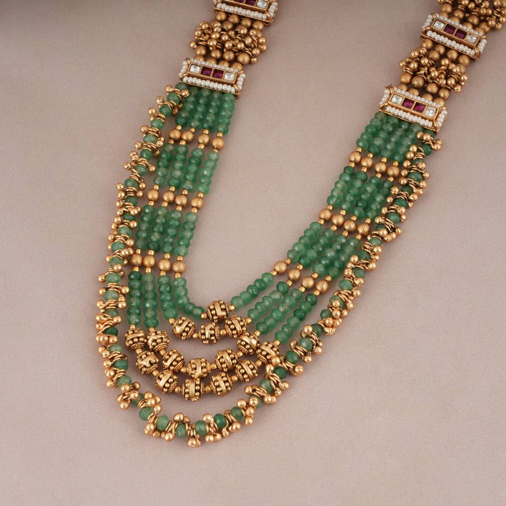 Long Antique Gold Stunning Ruby Necklace Set With Beautiful Earring : SJ061