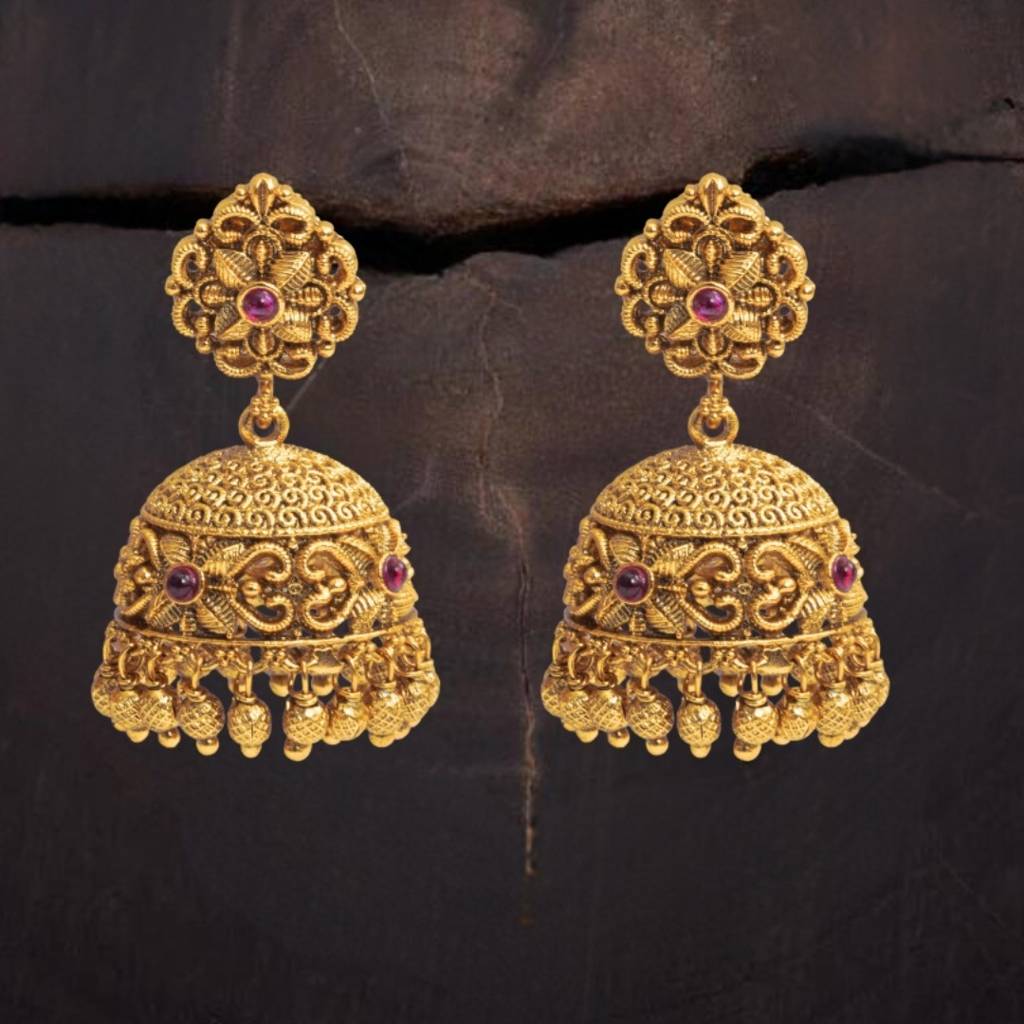 South Indian Temple Jewellery Antique Gold Bridal Jhumka Earrings : R-859