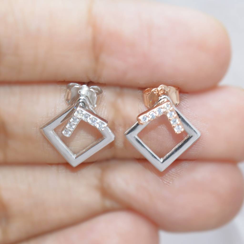 Geometric Square Jacket Earrings With Diamonds - 925 Silver Jewelry : 1314