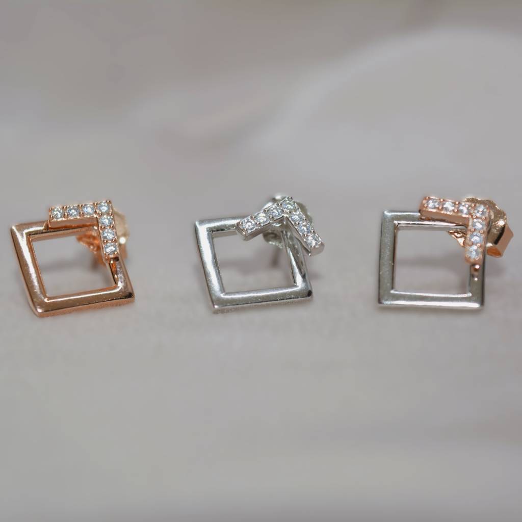 Geometric Square Jacket Earrings With Diamonds - 925 Silver Jewelry : 1314