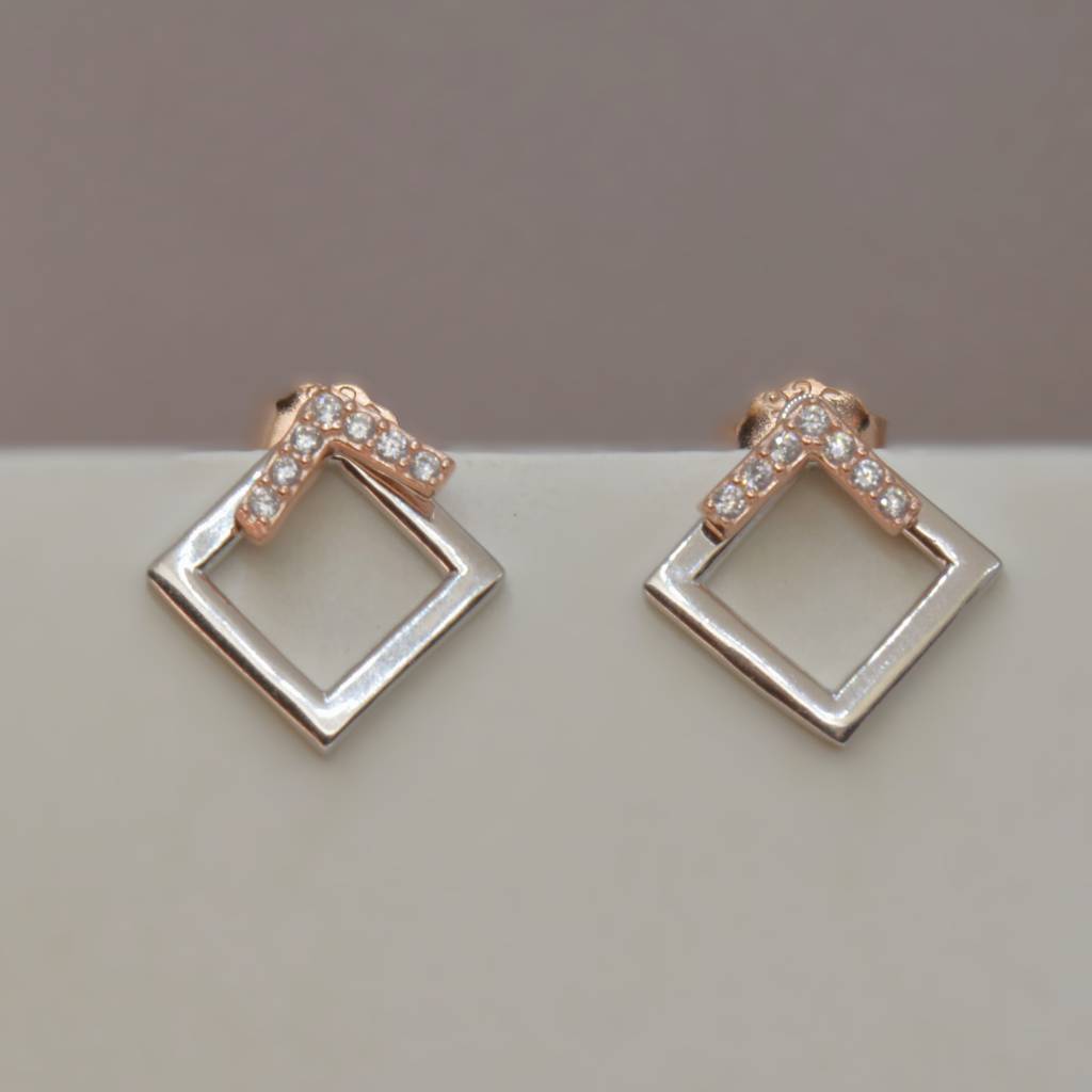 Geometric Square Jacket Earrings With Diamonds - 925 Silver Jewelry : 1314