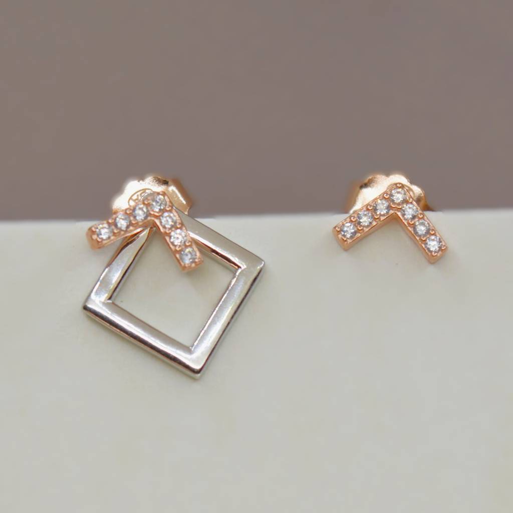 Geometric Square Jacket Earrings With Diamonds - 925 Silver Jewelry : 1314