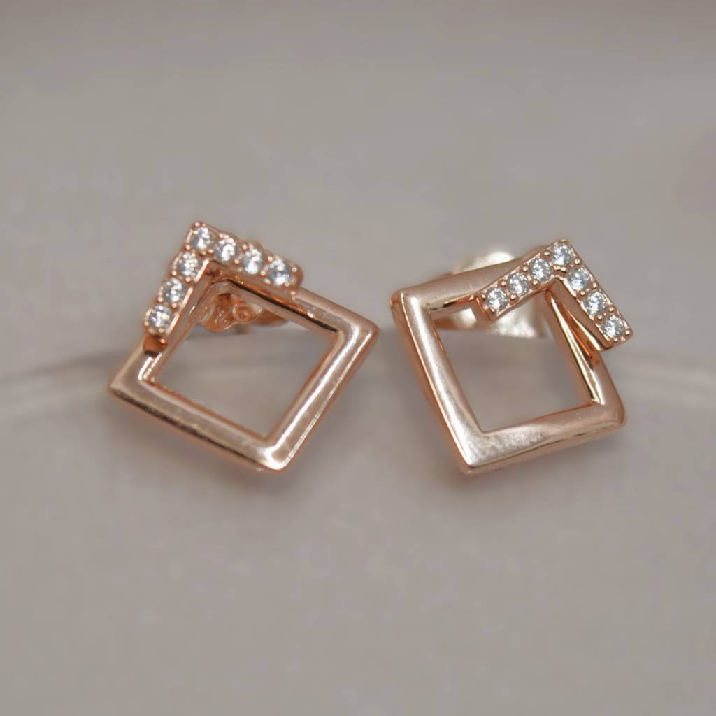 Geometric Square Jacket Earrings With Diamonds - 925 Silver Jewelry : 1314