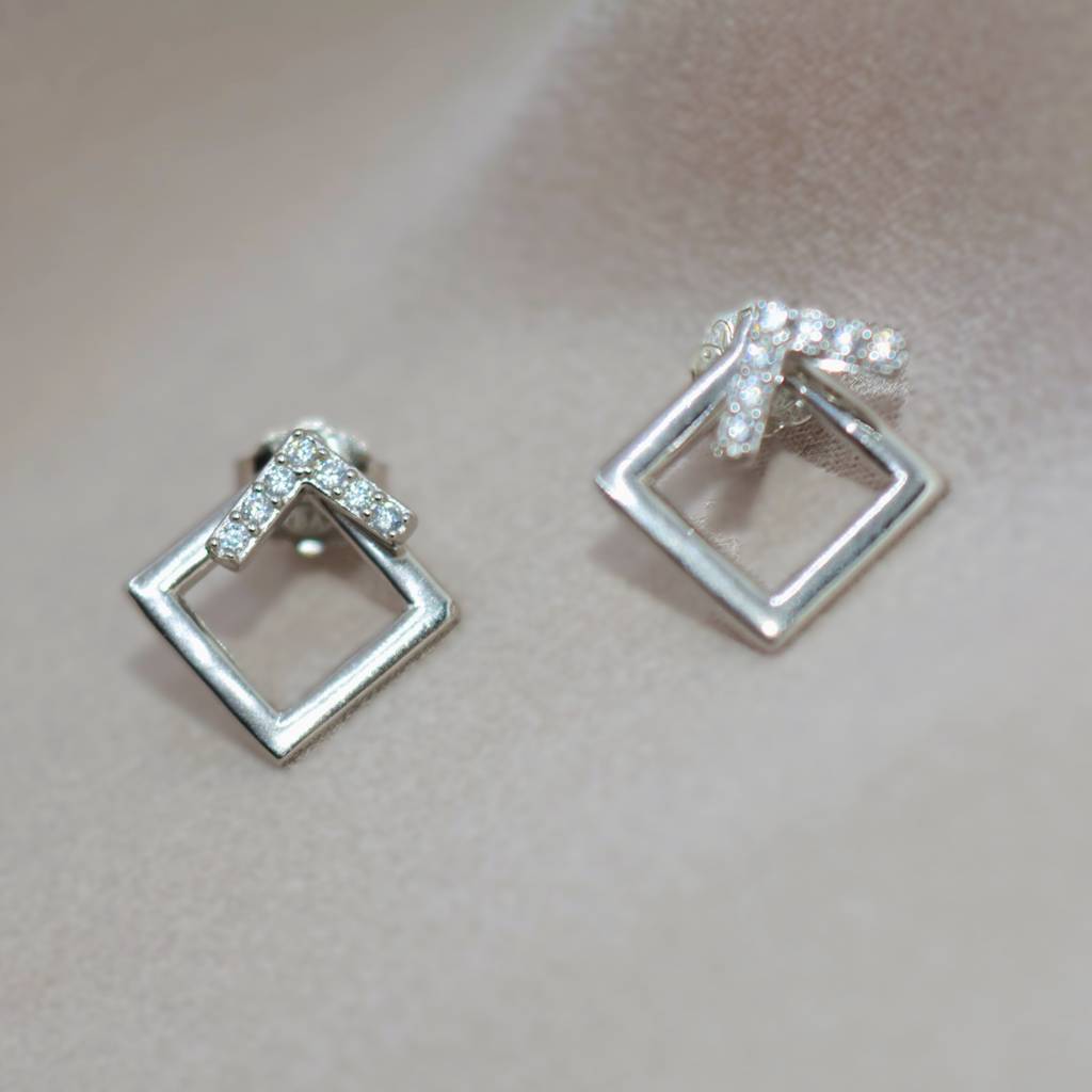 Geometric Square Jacket Earrings With Diamonds - 925 Silver Jewelry : 1314