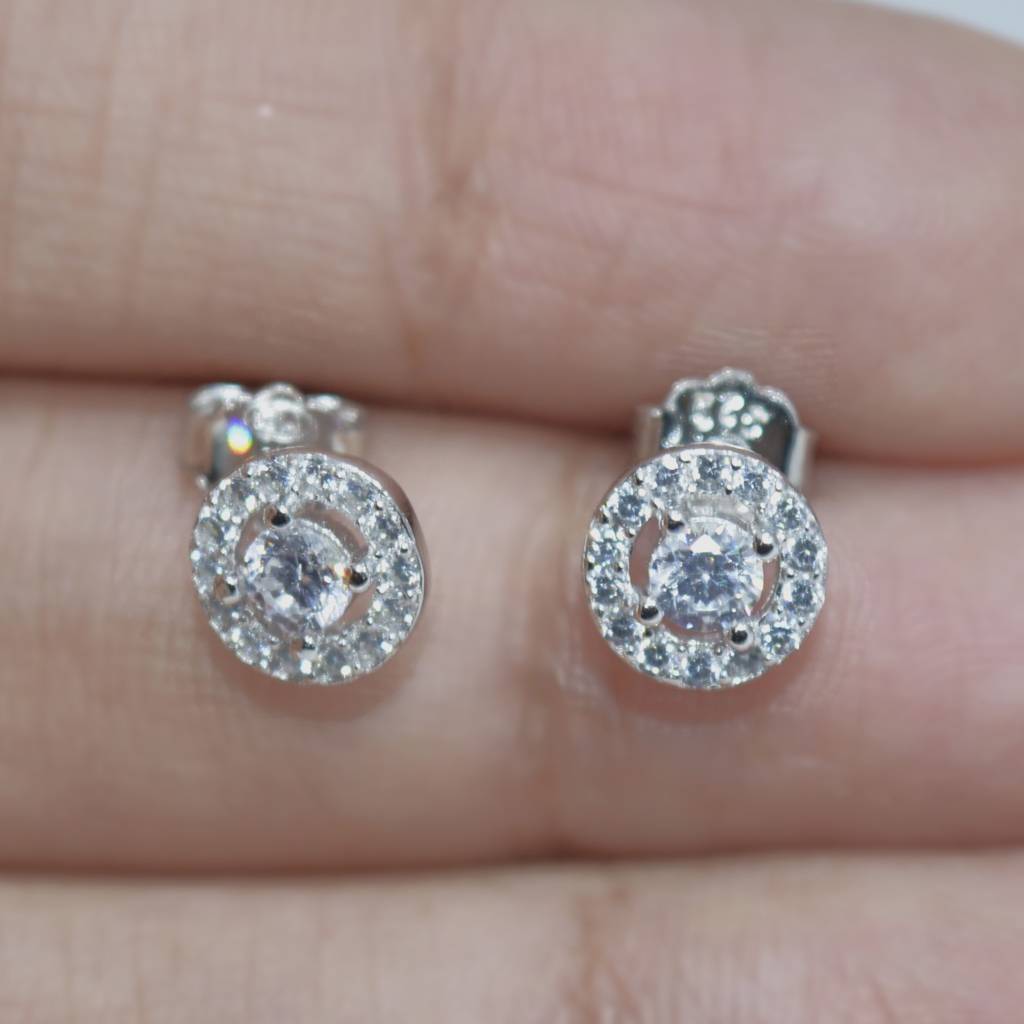 Round Halo Earrings With Diamond Center - 925 Silver Jewelry : 1315
