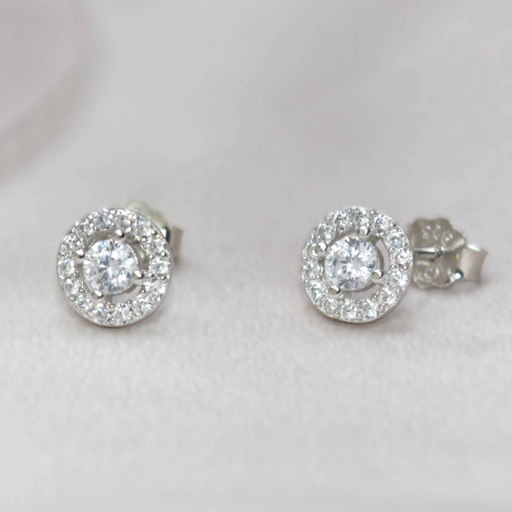 Round Halo Earrings With Diamond Center - 925 Silver Jewelry : 1315