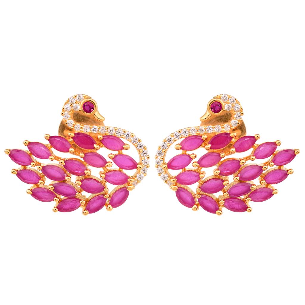 Gold Plated Swan Studs Red Ad Encrusted Earrings : SJER1316