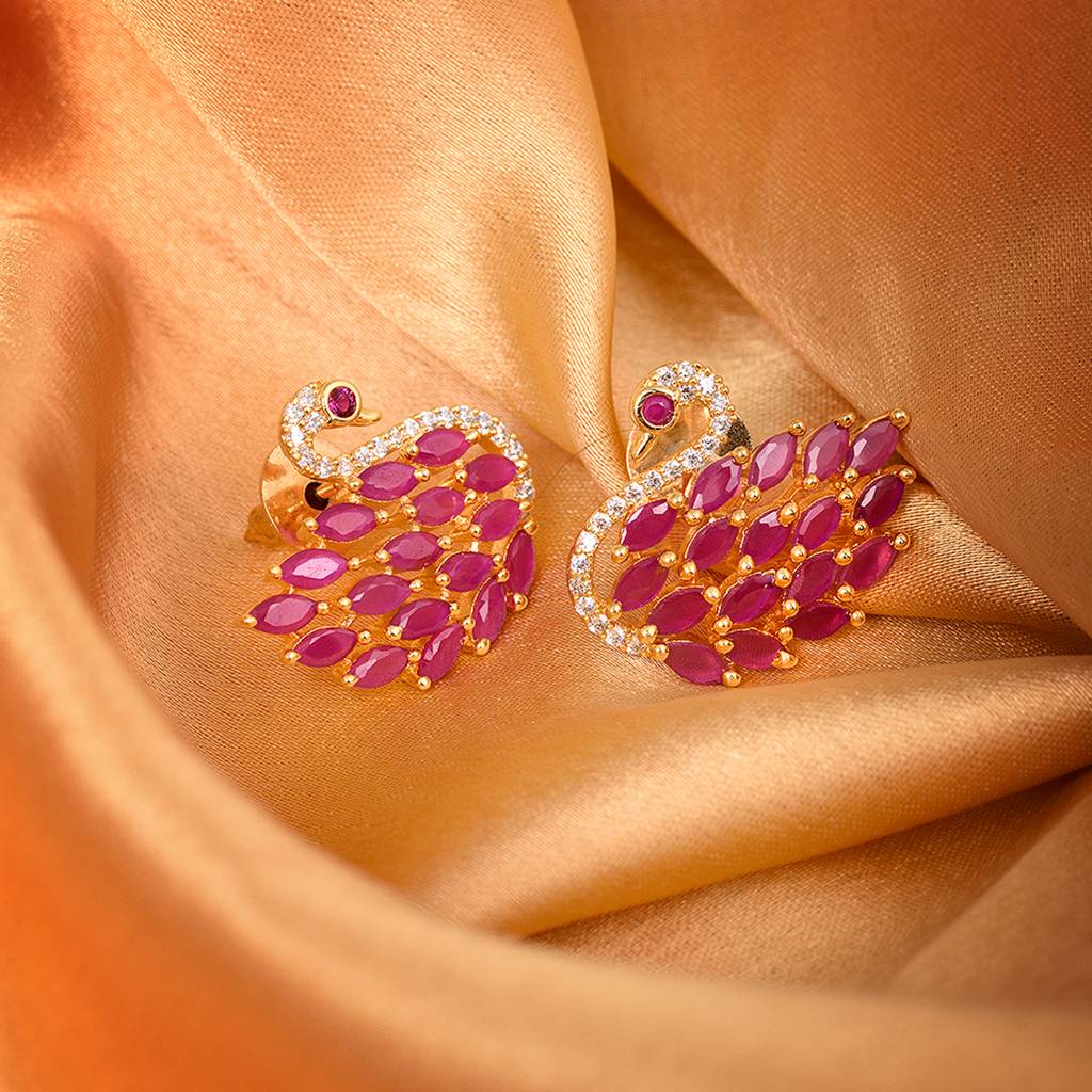 Gold Plated Swan Studs Red Ad Encrusted Earrings : SJER1316