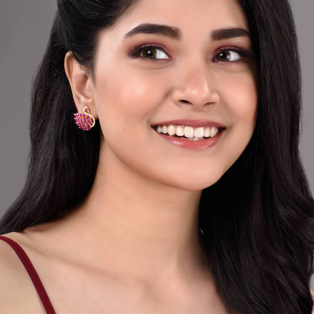 Gold Plated Swan Studs Red Ad Encrusted Earrings : SJER1316