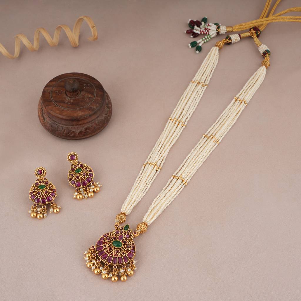 Royal Long Maa Lakshmi Reversible Pearl Necklace Set : SJ060