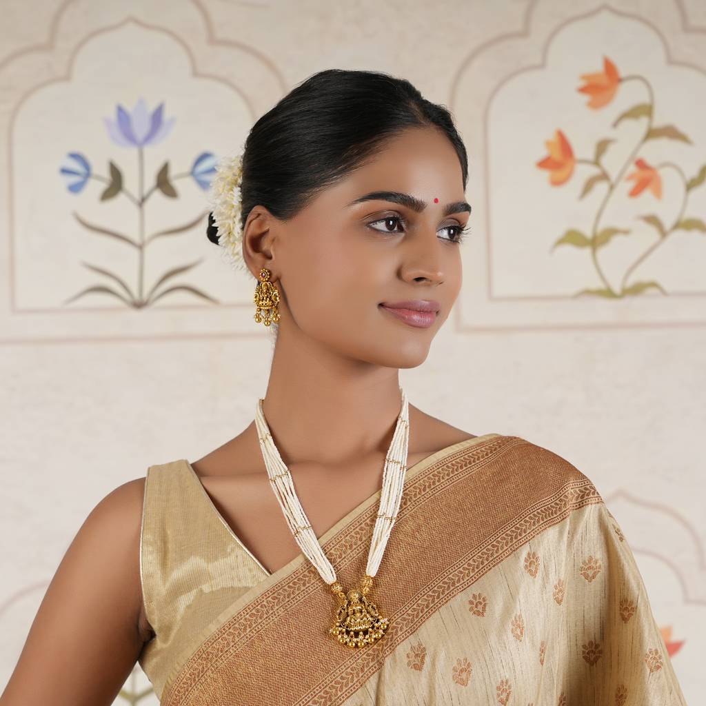 Royal Long Maa Lakshmi Reversible Pearl Necklace Set : SJ060