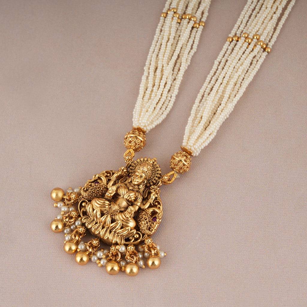 Royal Long Maa Lakshmi Reversible Pearl Necklace Set : SJ060