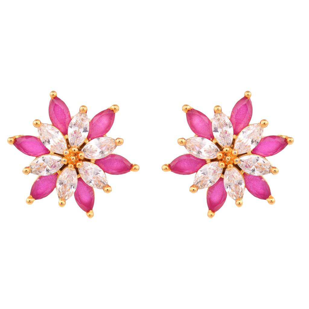 Gold Plated Floral Studs Red & White Ad Encrusted Earrings : SJER1317