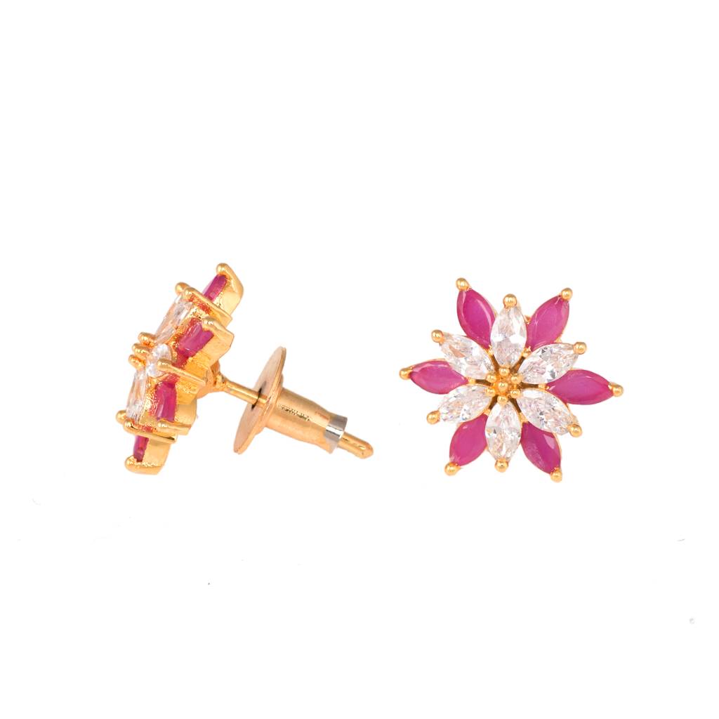 Gold Plated Floral Studs Red & White Ad Encrusted Earrings : SJER1317