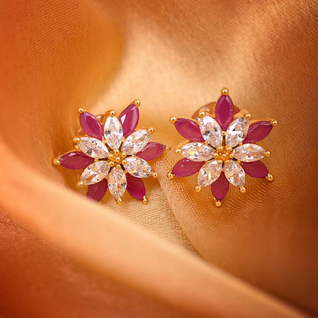 Gold Plated Floral Studs Red & White Ad Encrusted Earrings : SJER1317