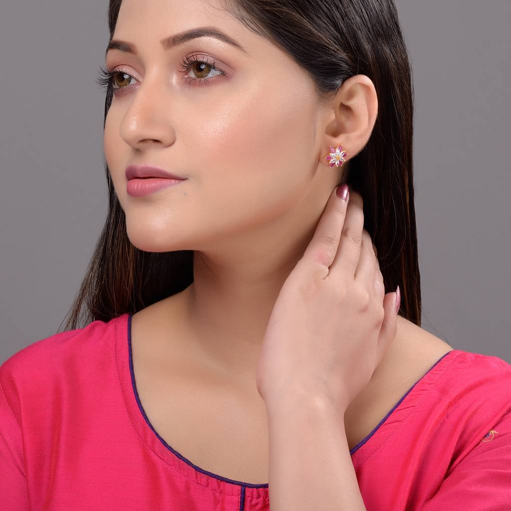 Gold Plated Floral Studs Red & White Ad Encrusted Earrings : SJER1317
