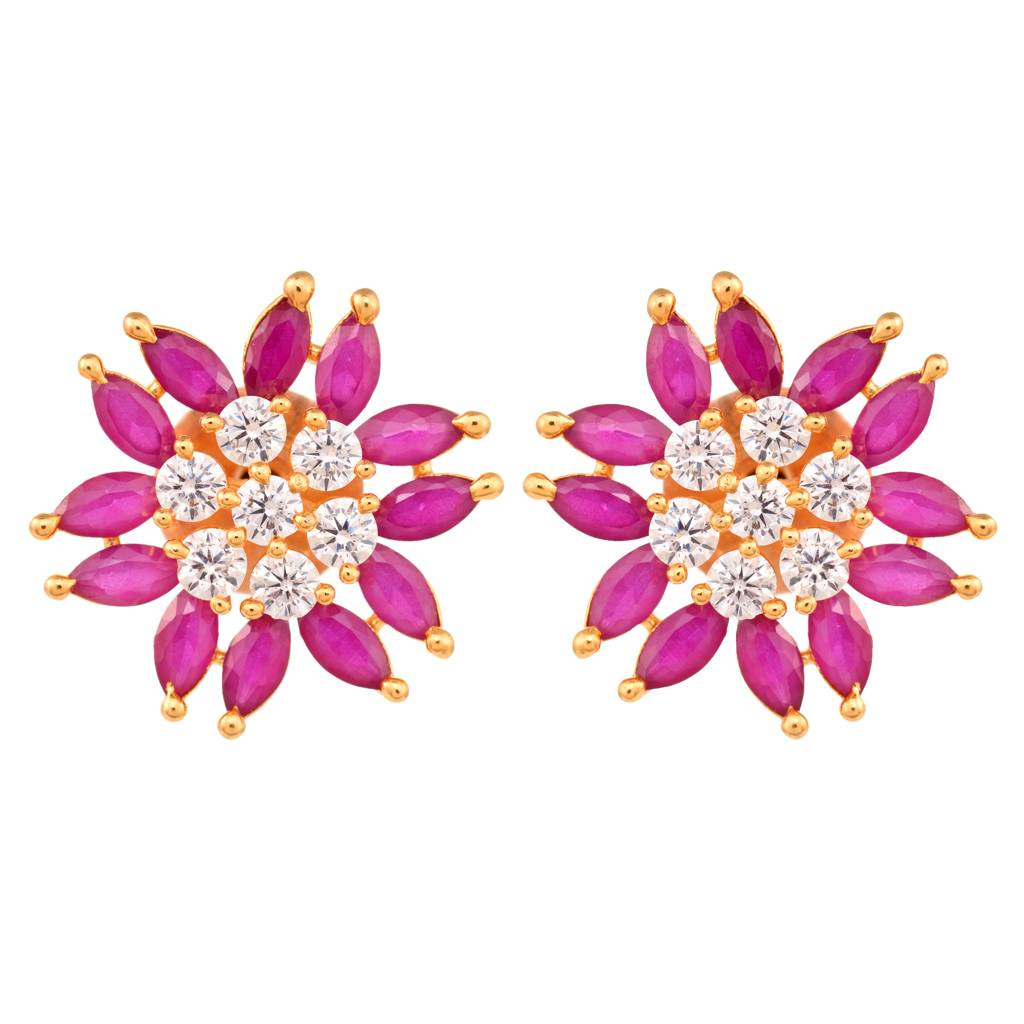 Gold Plated Contemporary Floral Stud Red And White Ad Earrings : SJER1318