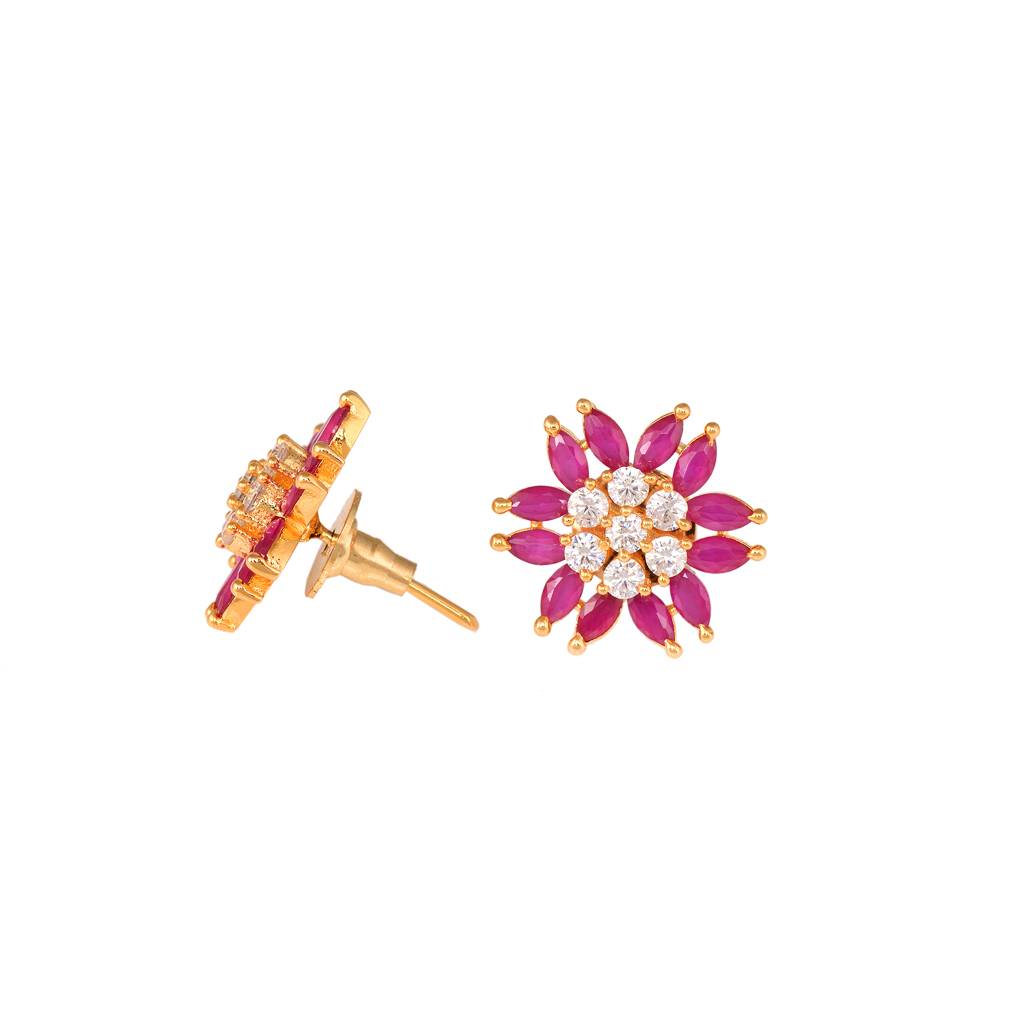 Gold Plated Contemporary Floral Stud Red And White Ad Earrings : SJER1318