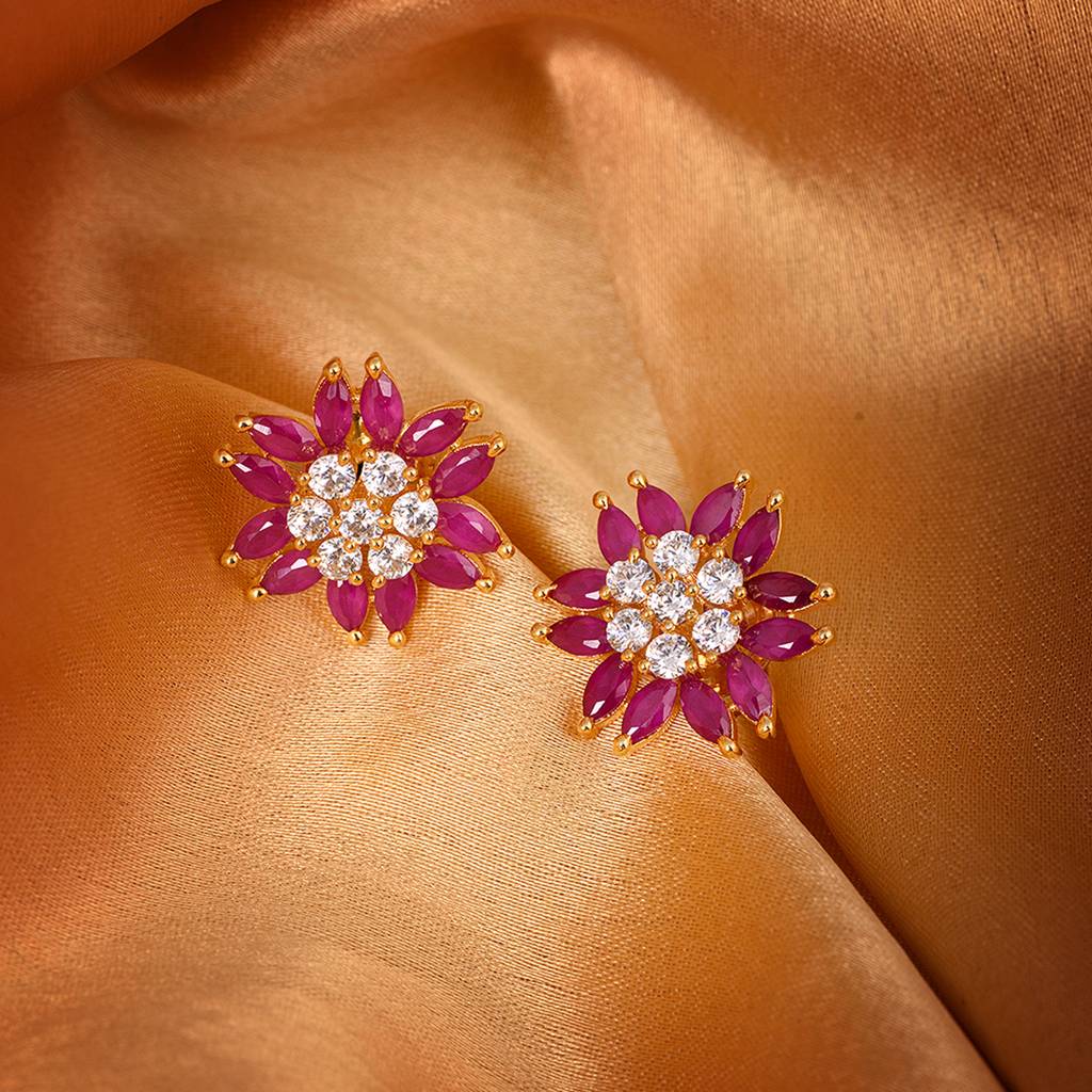 Gold Plated Contemporary Floral Stud Red And White Ad Earrings : SJER1318