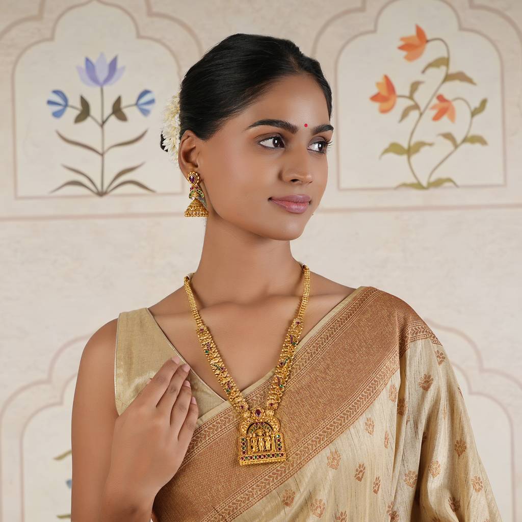 Auspicious Ram Darbaar Antique Gold Long Necklace Set : SJ059