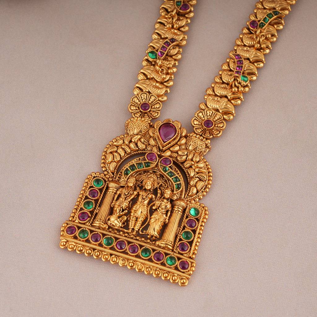 Auspicious Ram Darbaar Antique Gold Long Necklace Set : SJ059