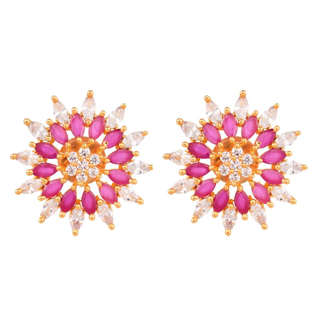 Gold Plated Ornate Floral Studs Red & White Ad Encrusted Earrings : SJER1319