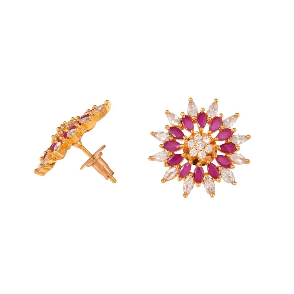 Gold Plated Ornate Floral Studs Red & White Ad Encrusted Earrings : SJER1319