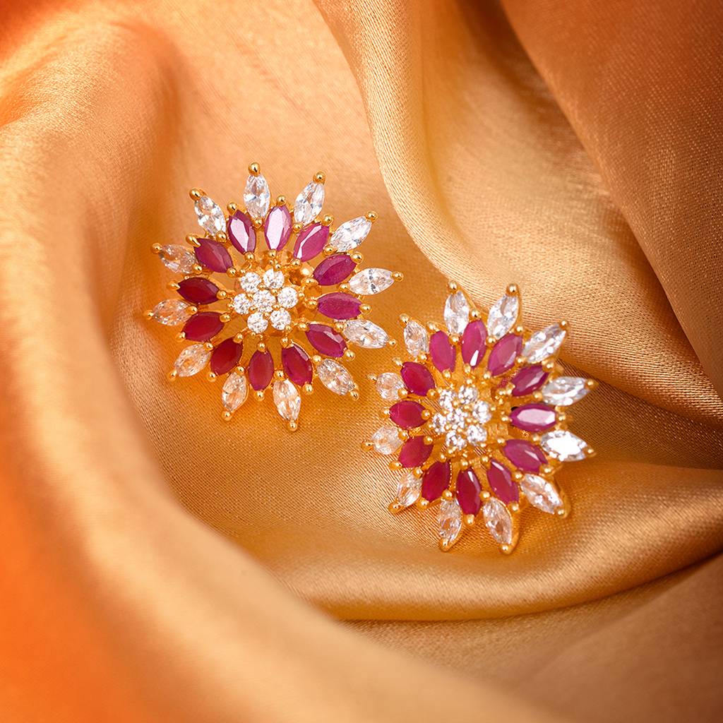 Gold Plated Ornate Floral Studs Red & White Ad Encrusted Earrings : SJER1319