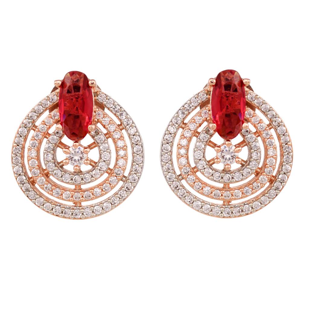 Rose Gold Plated Red And White Ad Studded Concentric Studs Earrings : SJER1320