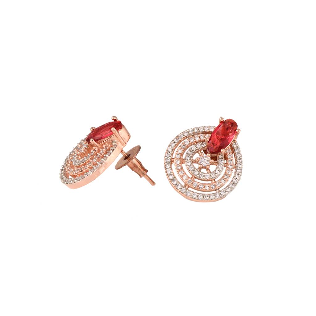 Rose Gold Plated Red And White Ad Studded Concentric Studs Earrings : SJER1320