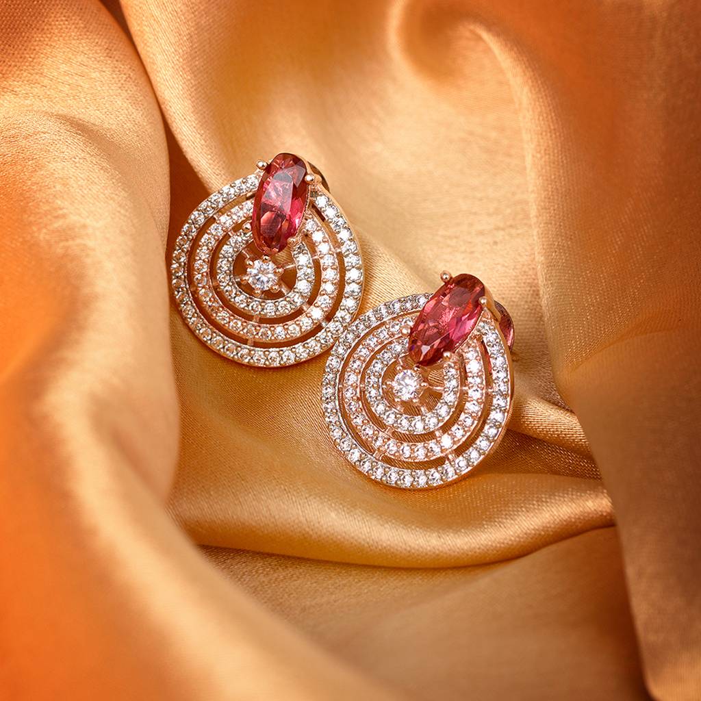 Rose Gold Plated Red And White Ad Studded Concentric Studs Earrings : SJER1320