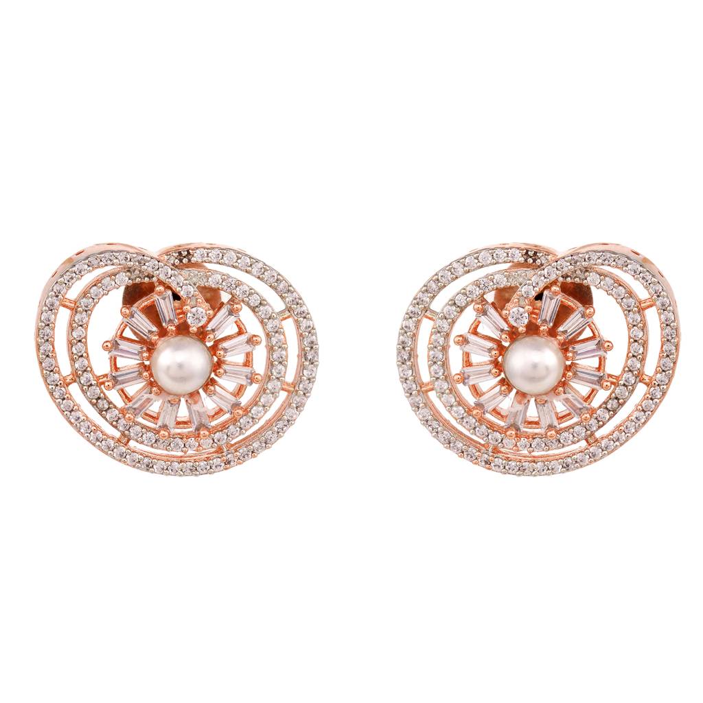 Rose Gold Plated Ad & Pearl Studded Statement Floral Small Stud Earrings : SJER1321