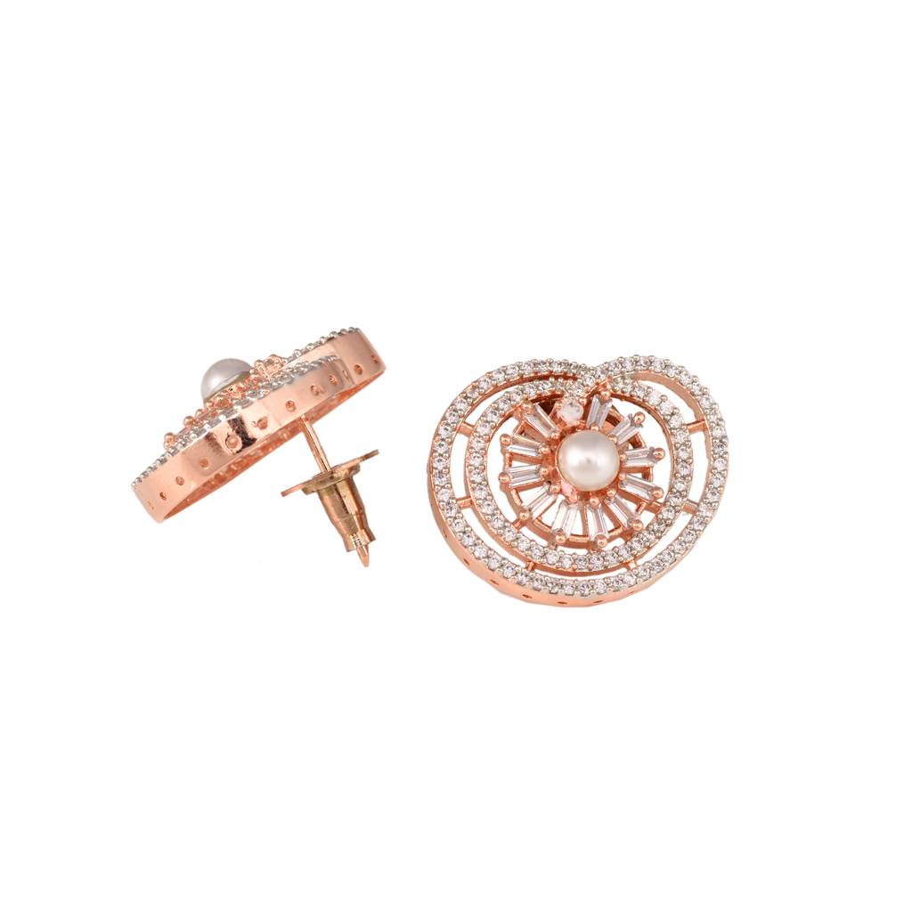 Rose Gold Plated Ad & Pearl Studded Statement Floral Small Stud Earrings : SJER1321