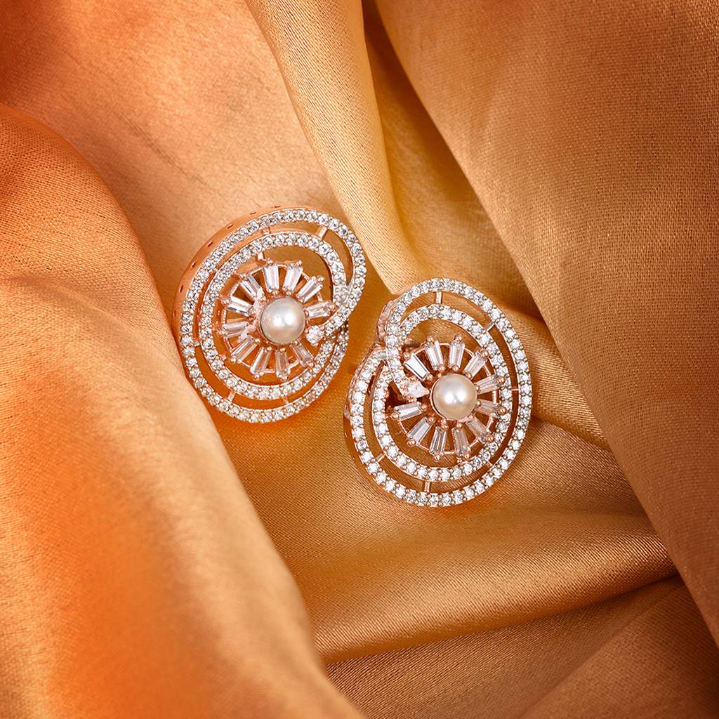 Rose Gold Plated Ad & Pearl Studded Statement Floral Small Stud Earrings : SJER1321