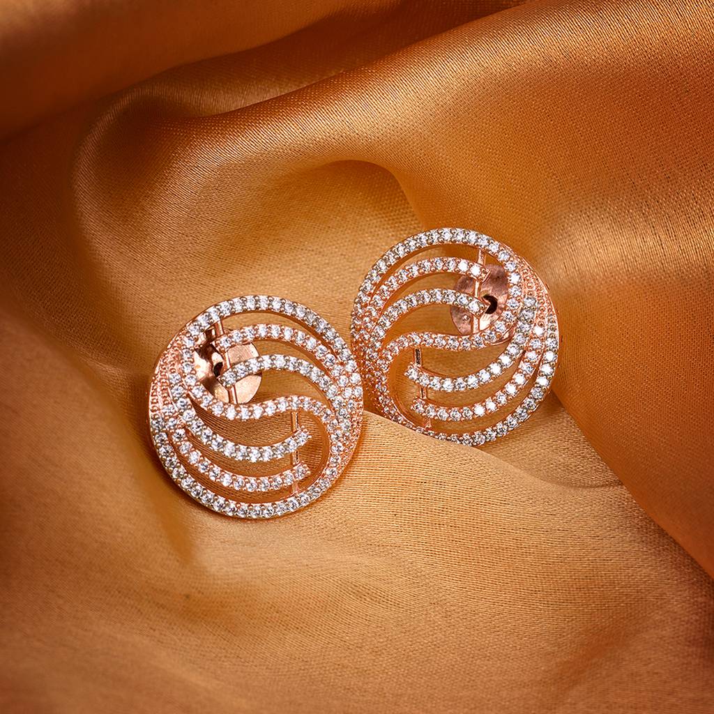 Rose Gold Plated Ad Studded Contemporary Stud Earrings : SJER1322